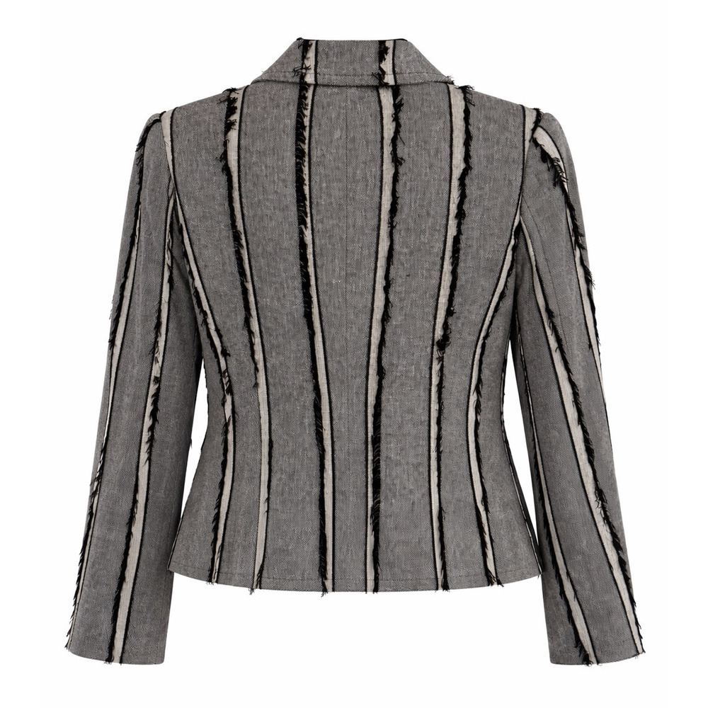 Lena Gabrielle Gray Black Fringe Textured Blazer Size 8 - Picture 3 of 6